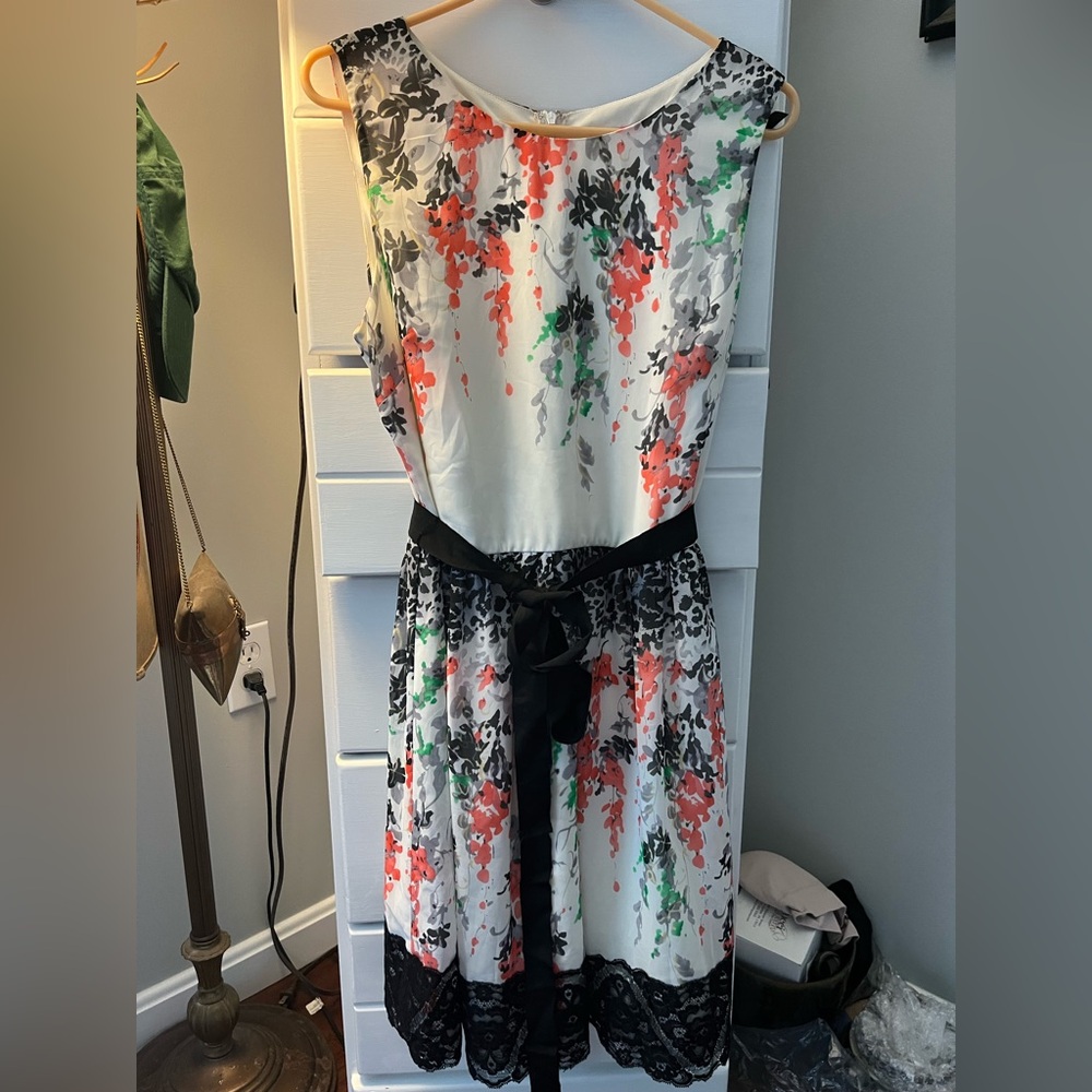 Betsey Johnson Floral Midi Dress with Black Lace
